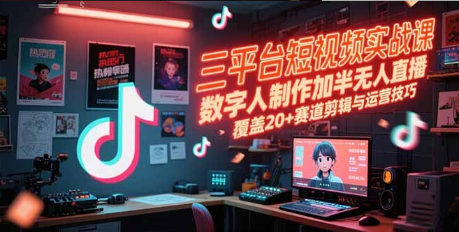三平台短视频实战课，数字人制作加半无人直播，覆盖20+赛道剪辑与运营技巧-小马哥轻创网